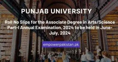 Roll No Slips for Associate Degree Part 1 Annual Examination 2024 Punjab University