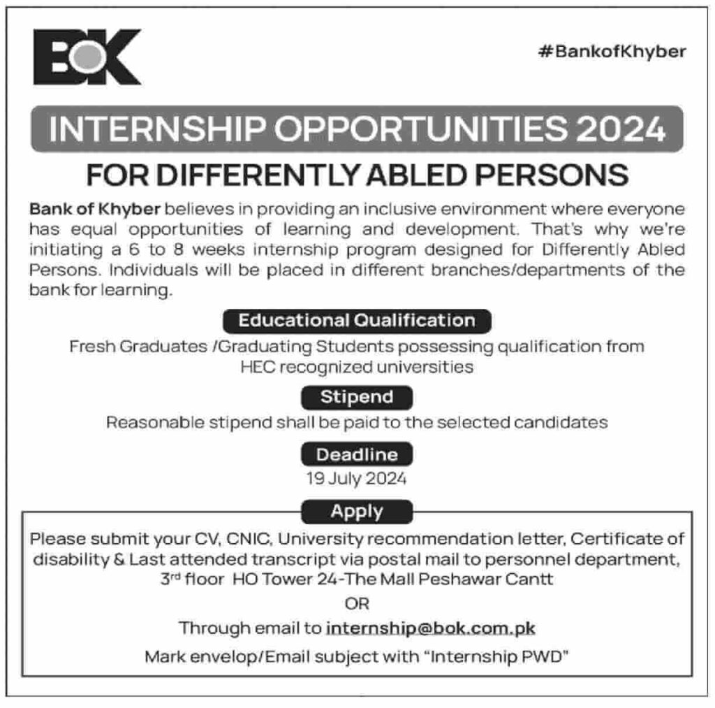 Internship Opportunities Bank of Khyber 2024