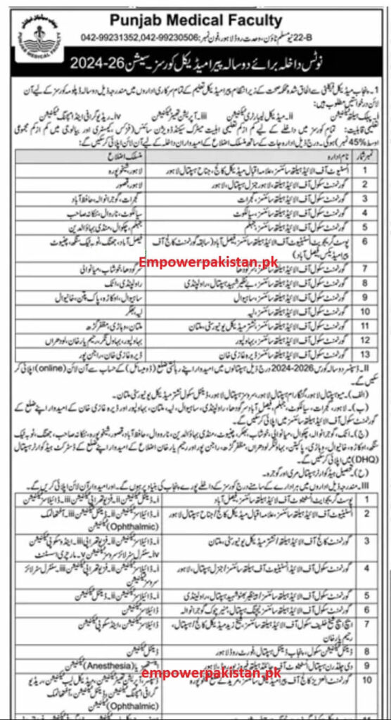 Punjab Medical Faculty Admission session 2024-2026